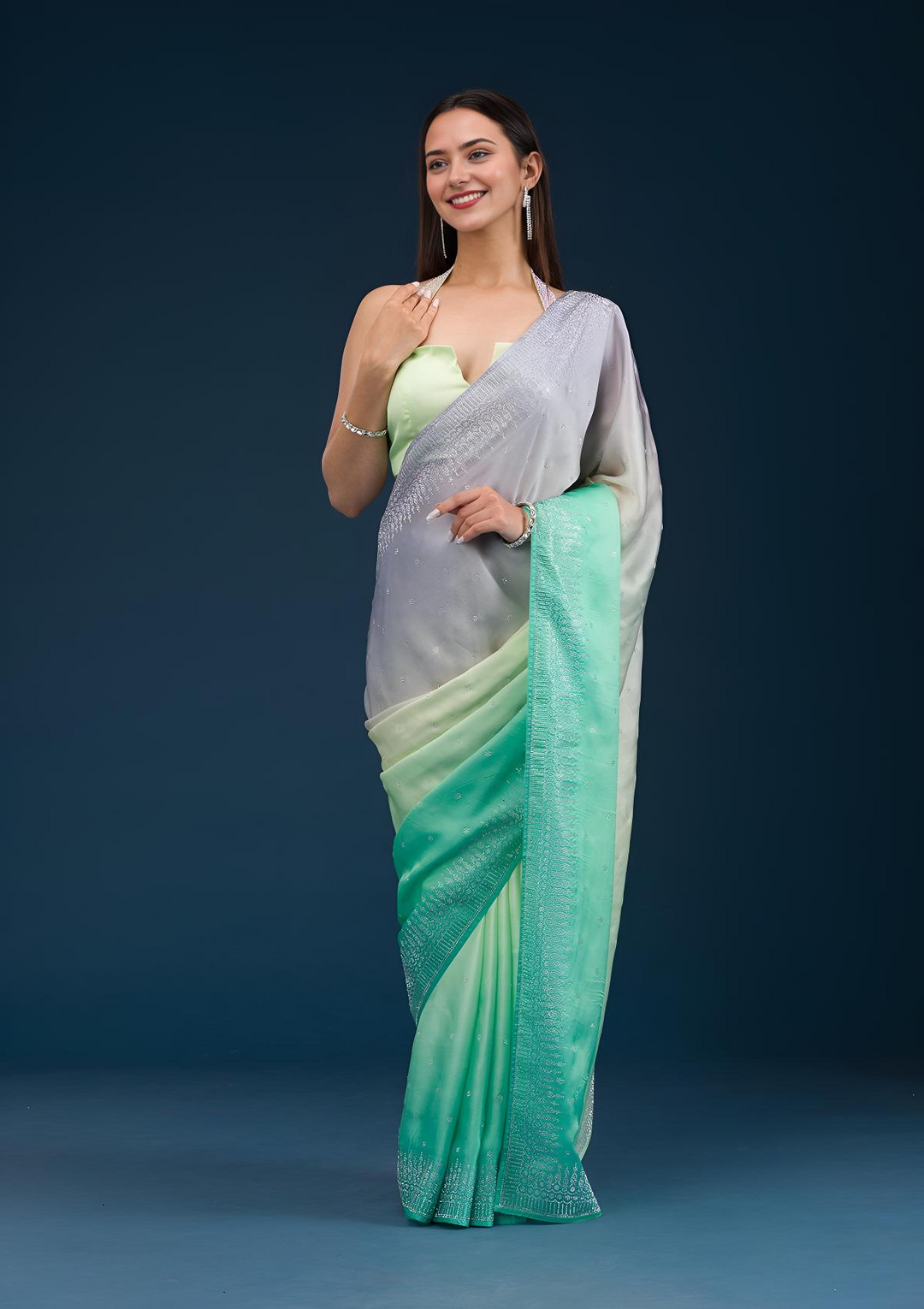 Grey Stonework Satin Saree - Image 3