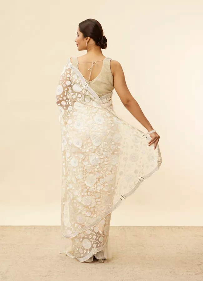 Ivory Cream Bel Buti Patterned Mirror and Stone Work Saree - Image 4